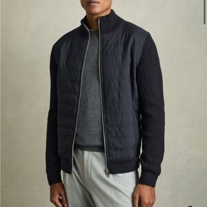 Reiss men’s Navy Quilted Jacket with Knit Sleeves